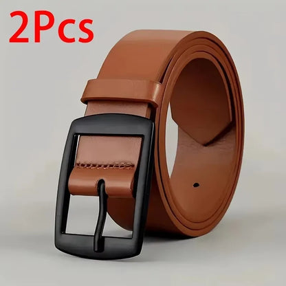 2PC PU Leather Belt for Men Luxury Metal Pin Buckle Jeans Waist Strap