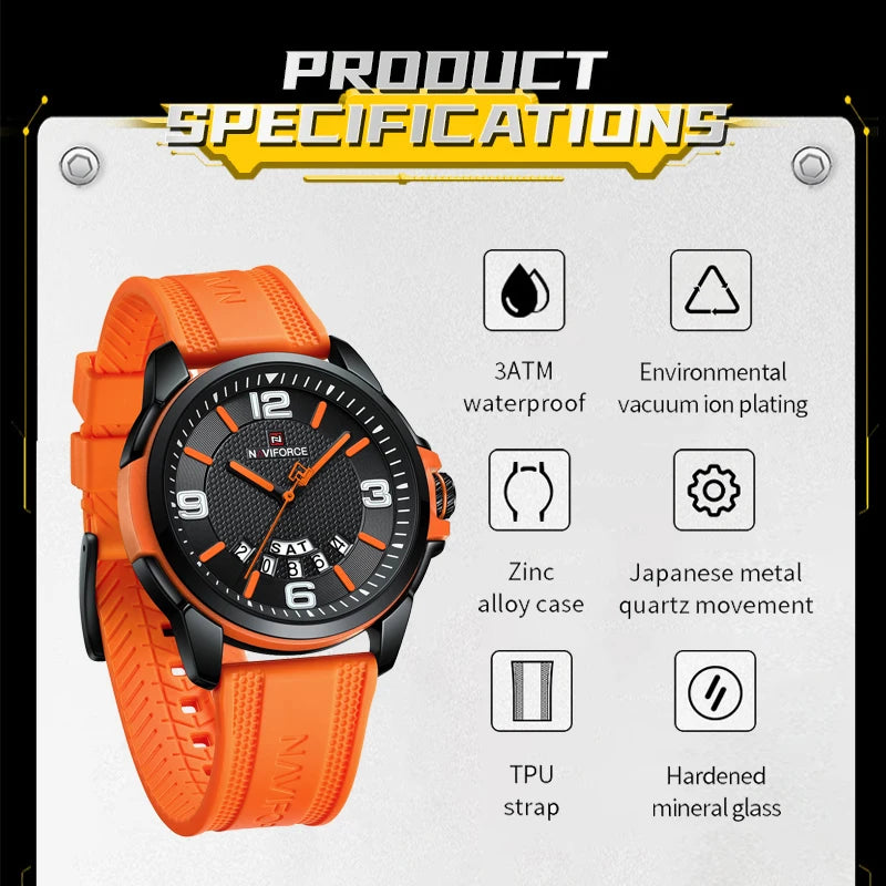 NAVIFORCE Creative TPU Strap Male Wristwatch Fashion Sports 3ATM Waterproof Quartz Day and Date Display Men Watches Reloj Hombre-EXPROTAS