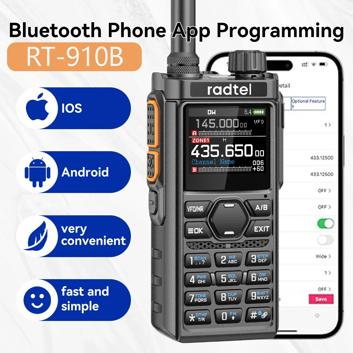 Walkie Talkie Radtel RT-910B 45-59Mhz 960 Channels Bluetooth Receiver
