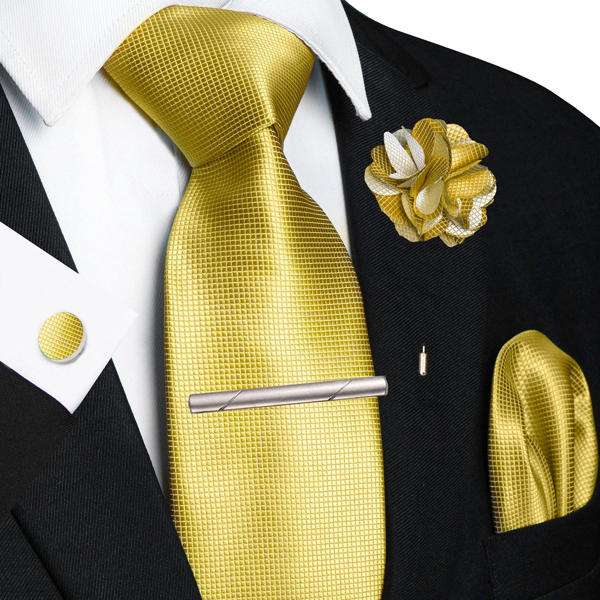 Men's Plaid Tie Clip Set with Pocket Square Cufflinks Wedding Accessories