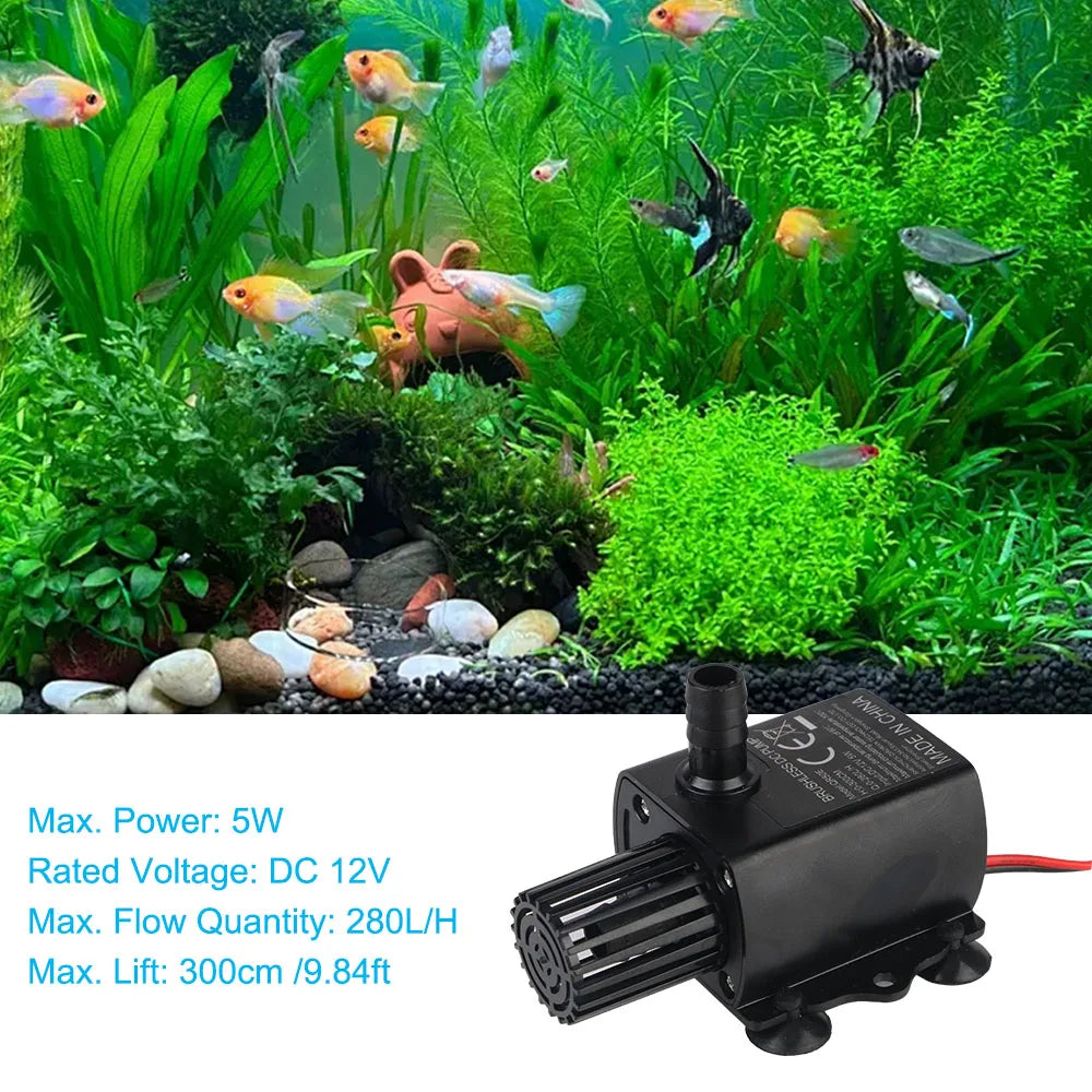 Brushless Water Pump 12V 5W Mini Submersible Aquarium Pond Fountain 280L/H