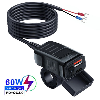 Dual USB Socket Motorcycle Charger 60W Waterproof PD QC3.0 Voltmeter Handlebar