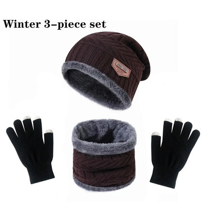 Men Women Beanie Winter Hat Scarf Gloves Thick Warm Knit Cap Set