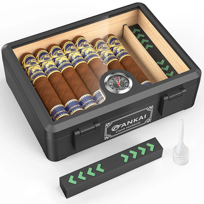 Cigar Box Humidor Cedar Wood Glass Top Desktop Case with Hygrometer for 20-25