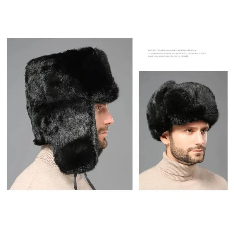 Winter Russian Man Woman Wholeskin Faux Rex Rabbit Fur Hats Luxury Faux Sheep Skin Leather Cap Fur Bomber Hat Ushanka Hats-EXPROTAS