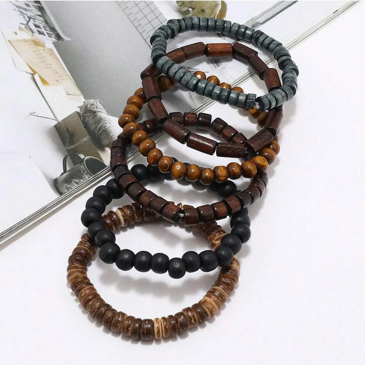 6PCS Wodeen Braided Wrap Leather Bracelet for Men Surfer Wristband Black Brown