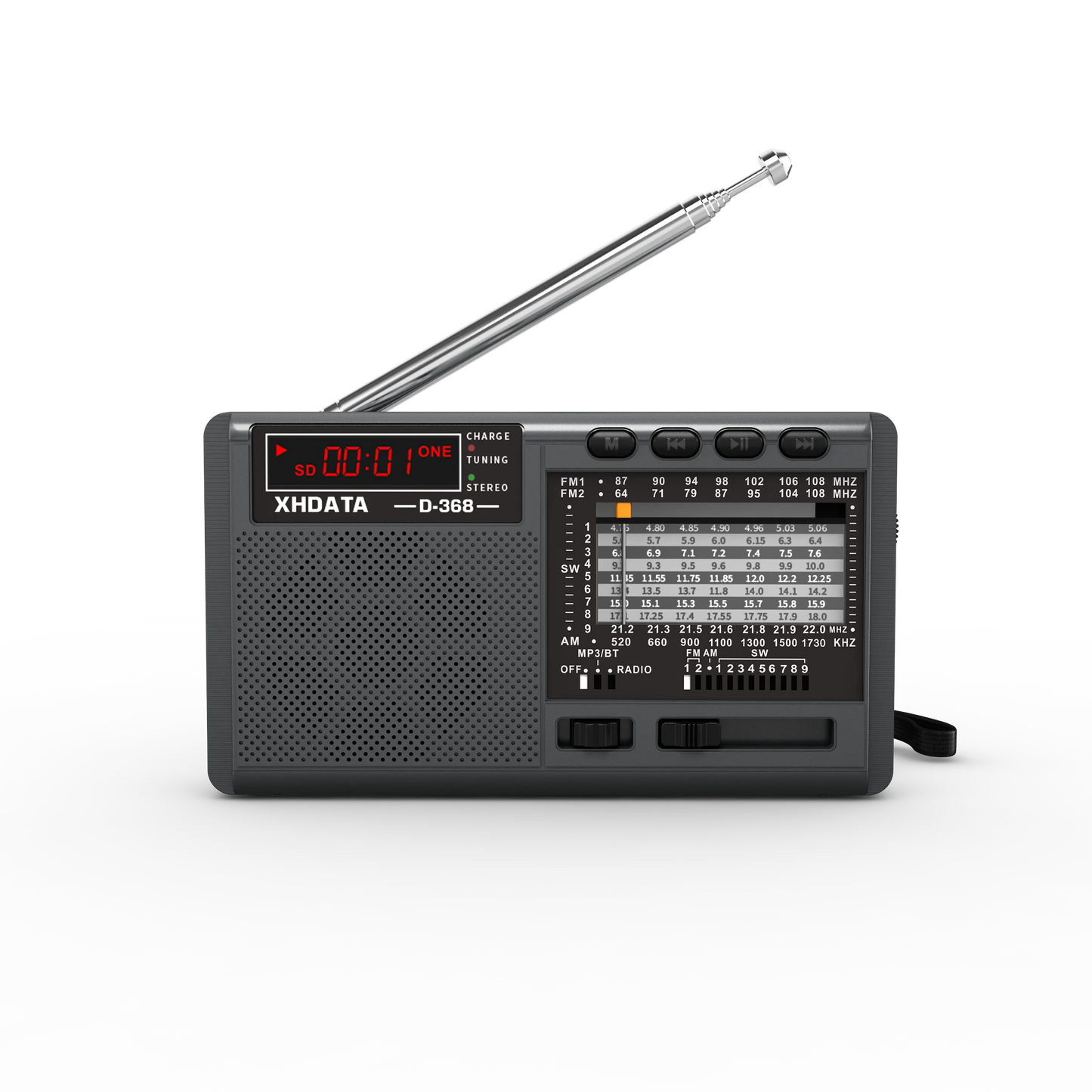 XHDATA D-368 Portable Stereo Radio FM AM SW Bluetooth MP3 Player TF USB Rechargeable - EXPROTAS