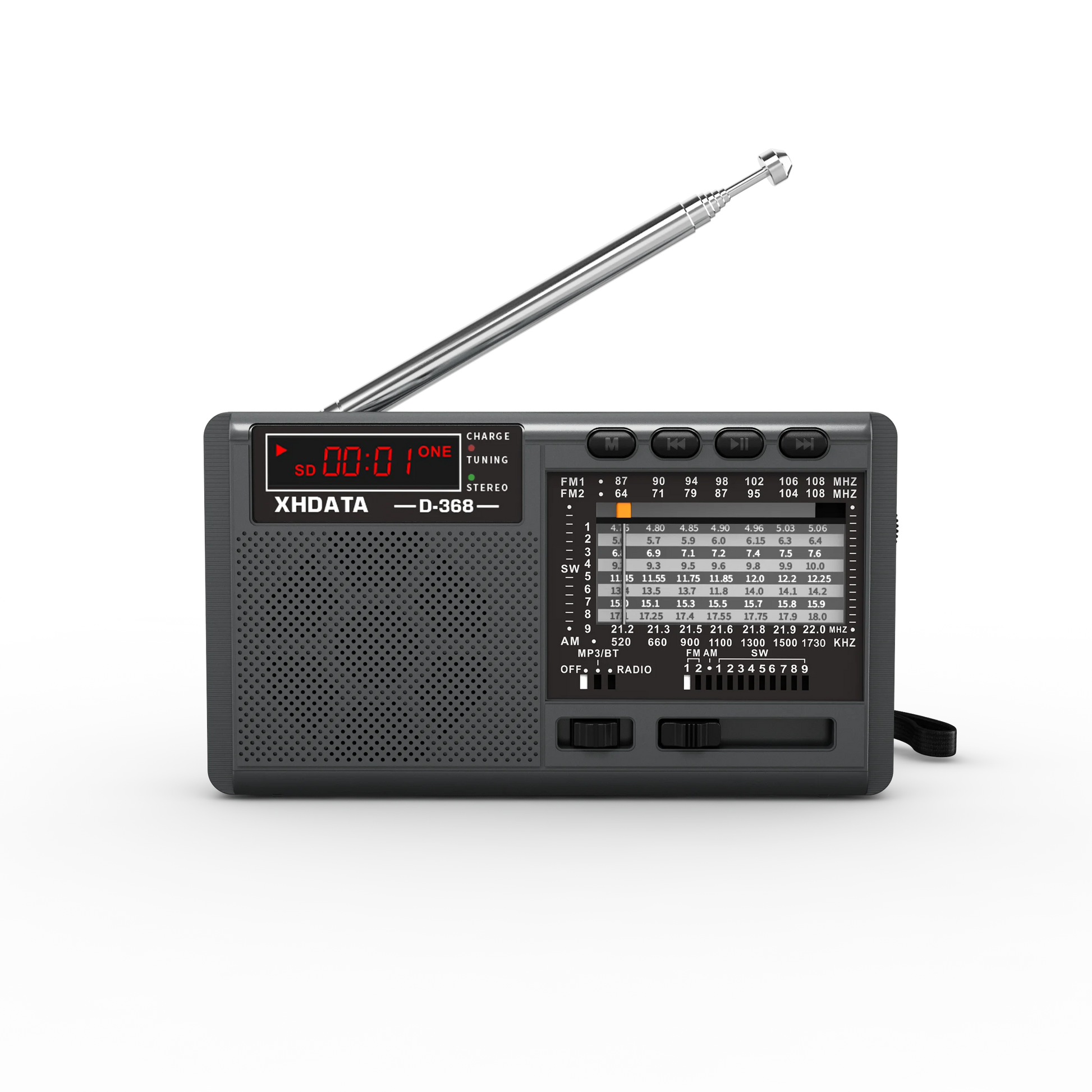 XHDATA D-368 Portable Stereo Radio FM AM SW Bluetooth MP3 Player TF USB Rechargeable - EXPROTAS