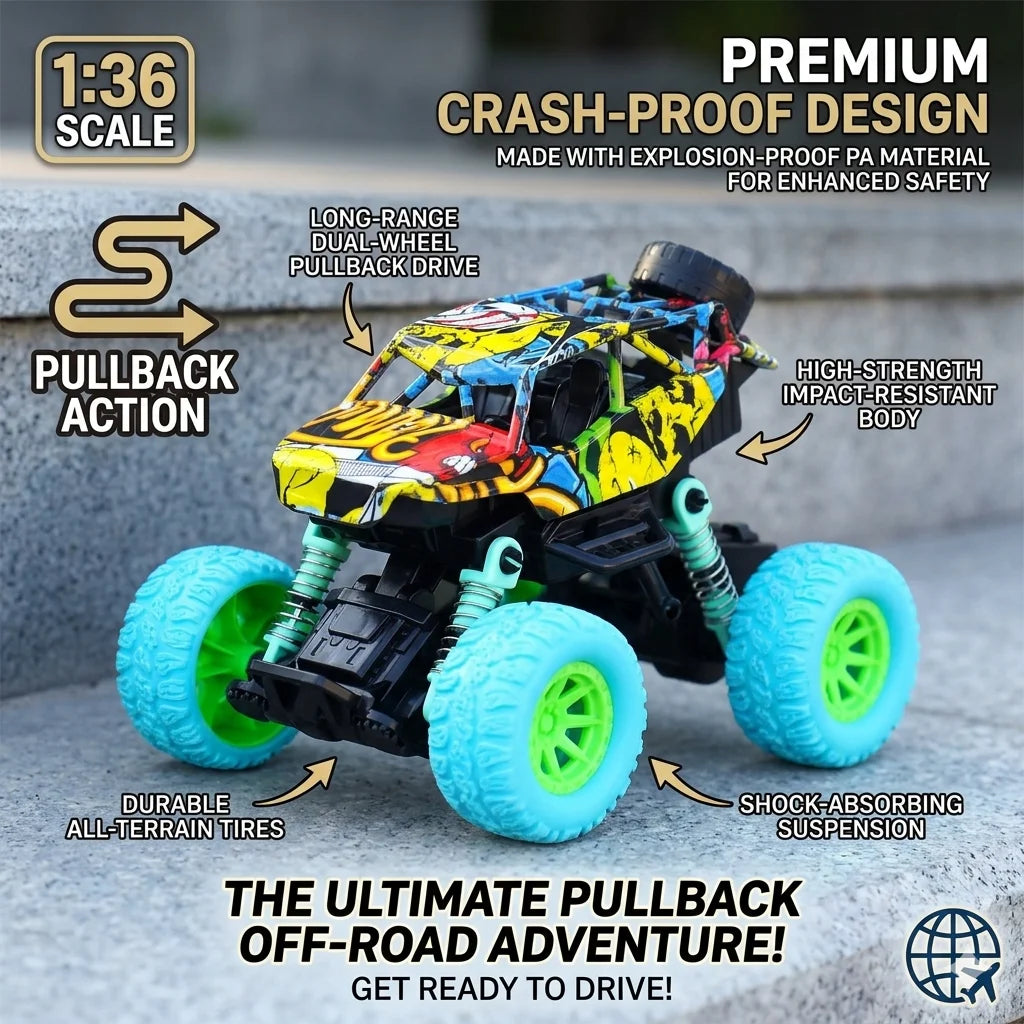1:36 Scale Pull Back Monster Truck for Boys 4-Wheel Shock Suspension