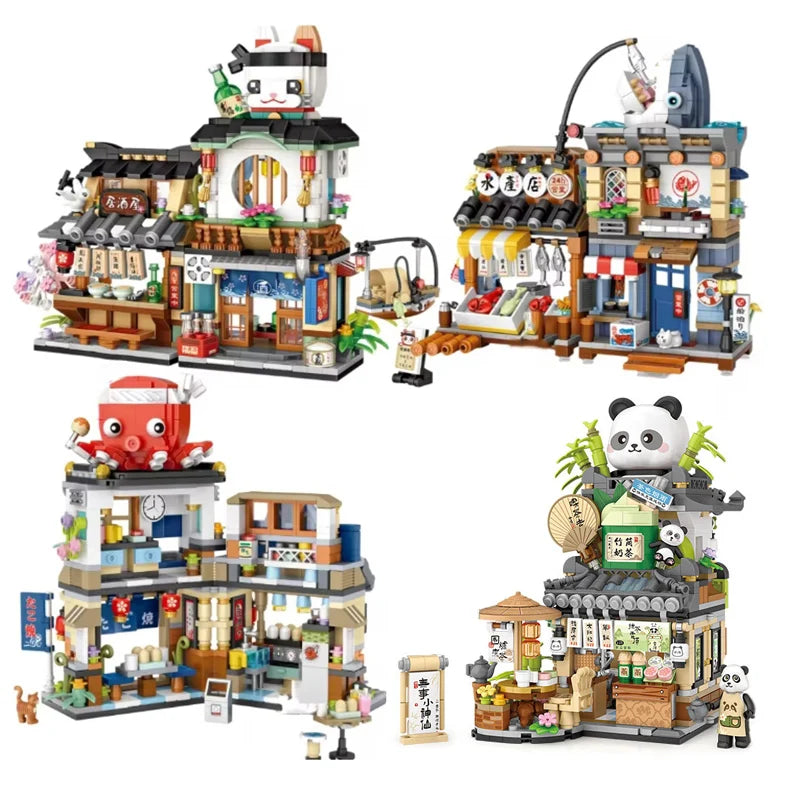 Street View Building Blocks Izakaya Shaved Ice Takoyaki Coffee Panda Tea House Model
