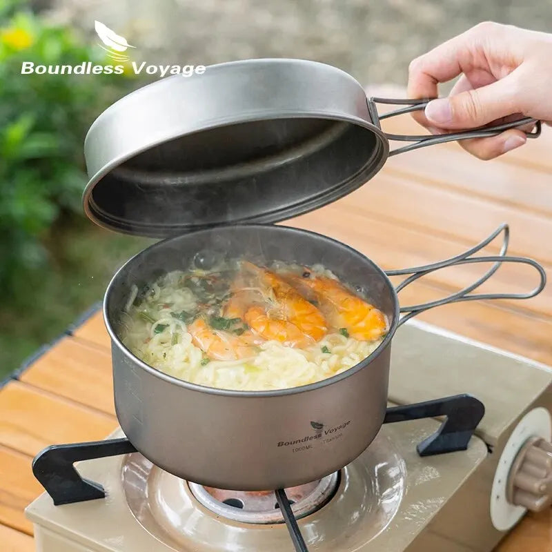Boundless Voyage Titanium Pot Pan Set with Folding Handles Camping Cookware Hiking Outdoor Tableware-EXPROTAS