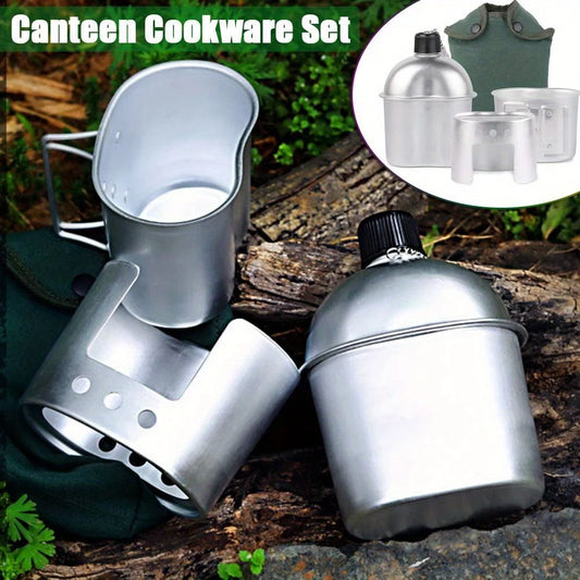 4pcs Military Canteen Cookware Set Aluminum Water Bottle Cup with Green Canvas