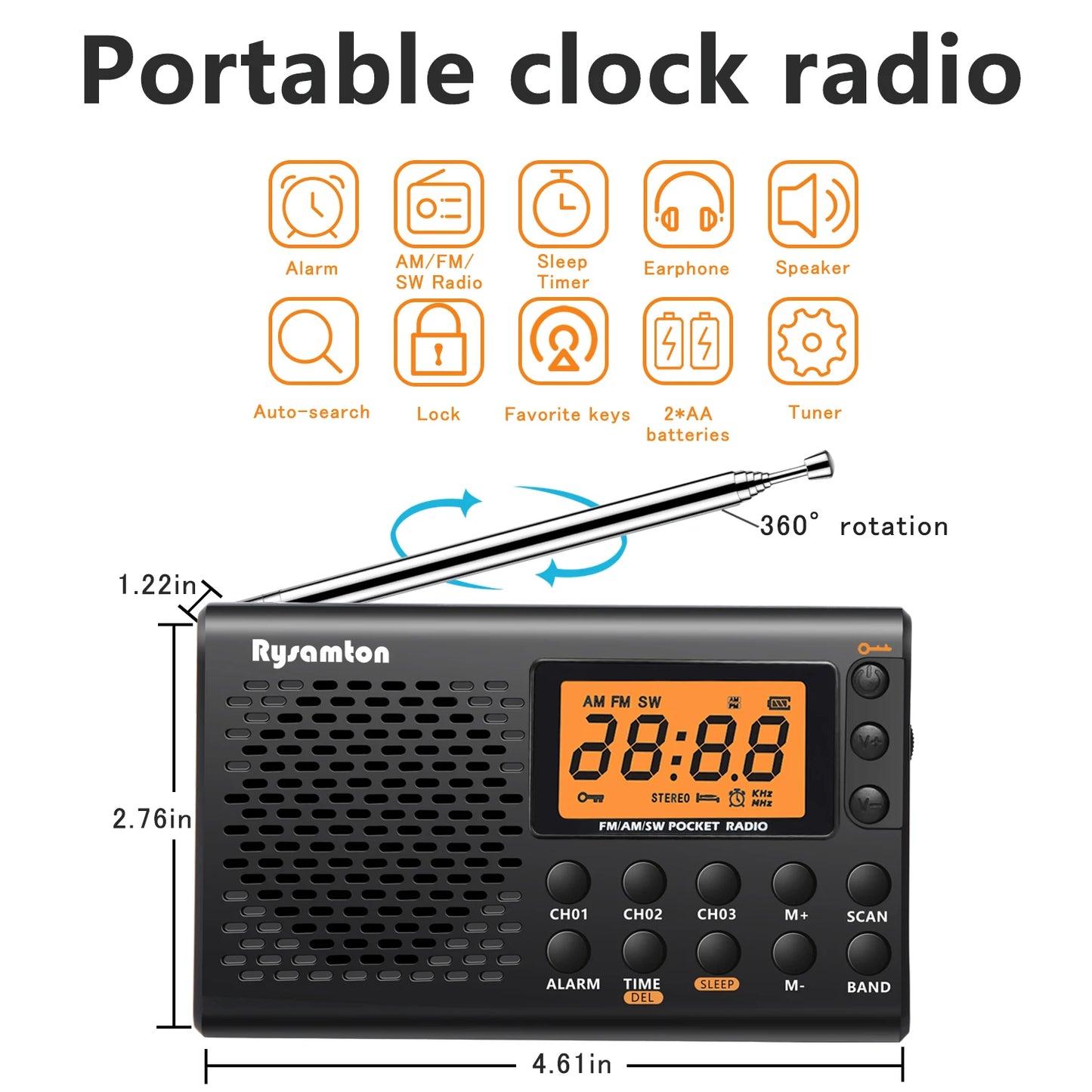 Portable AM/FM Shortwave Radio with Clock Function & Sleep Timer - Digital