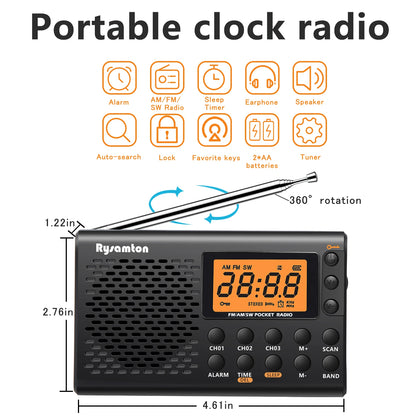 Portable AM/FM Shortwave Radio with Clock Function & Sleep Timer - Digital