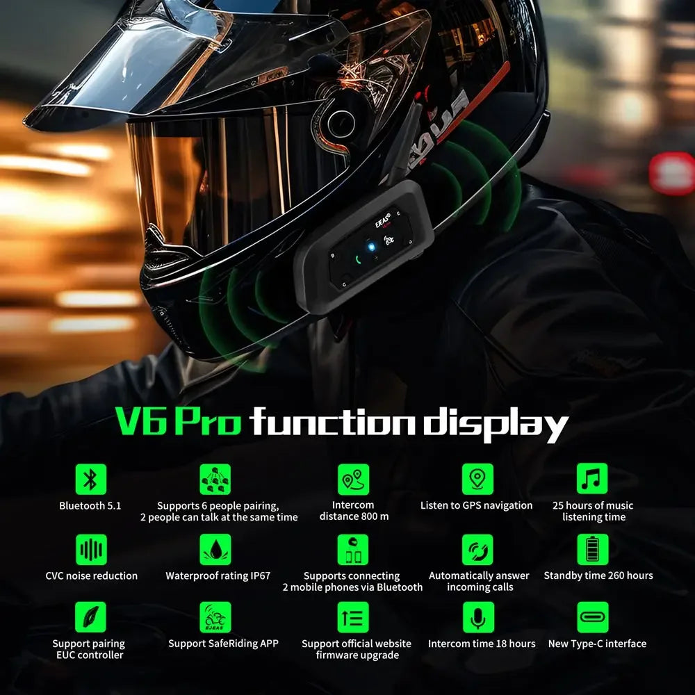Bluetooth Motorcycle Helmet Intercom Headset 1200m Waterproof for 6 Riders