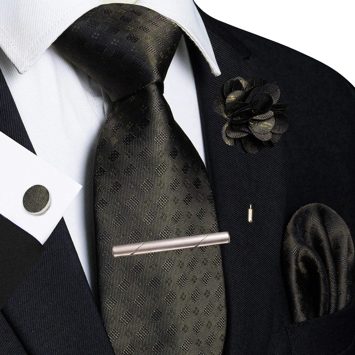 Men's Plaid Tie Clip Set with Pocket Square Cufflinks Wedding Accessories