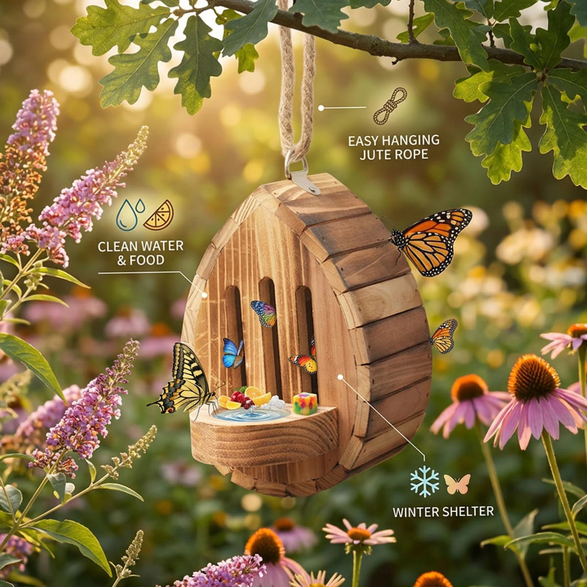 Wooden Butterfly House Habitat Feeder for Outside Garden Hanging