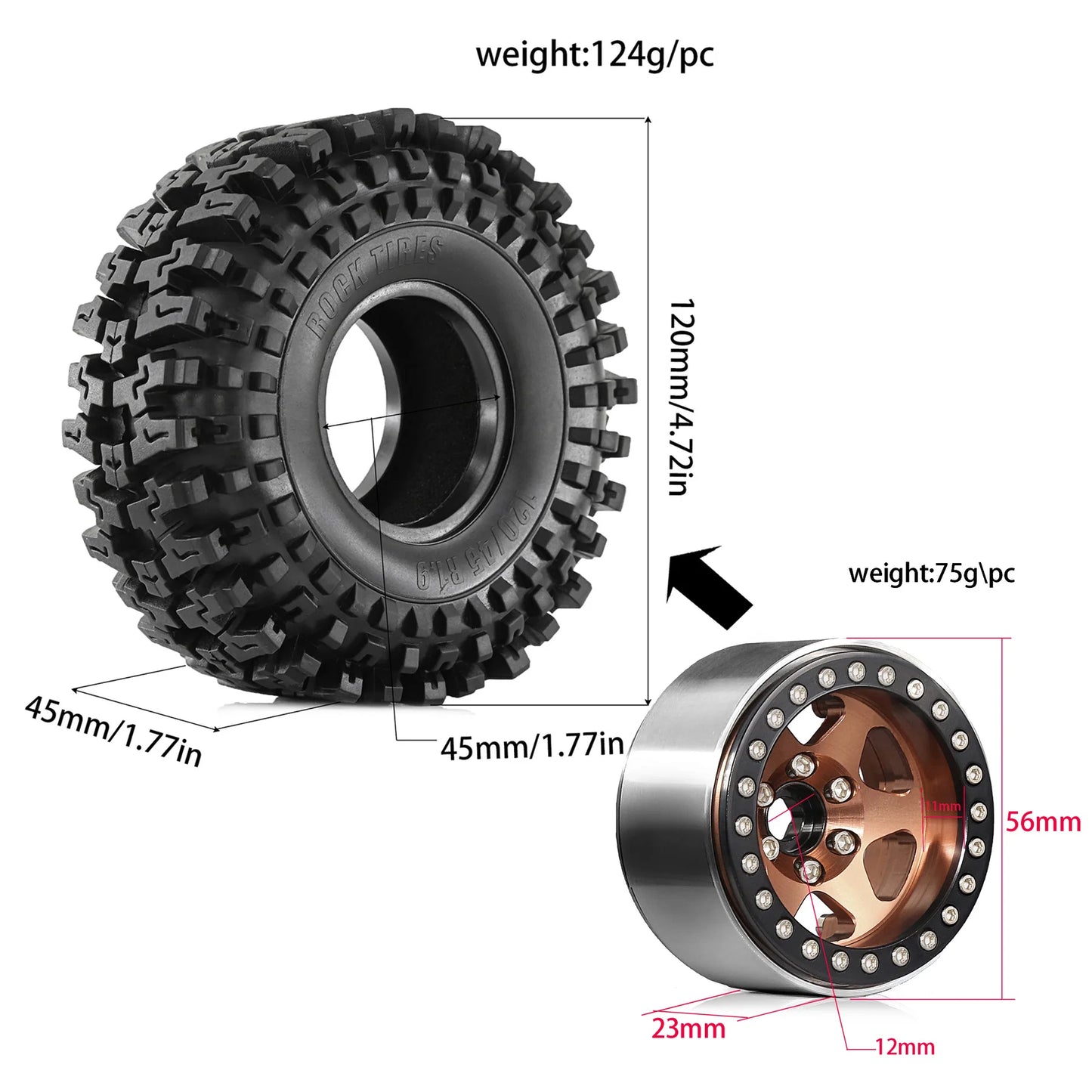 1.9" RC Beadlock Wheels | Metal Rim Tire Set for 1/10 TRX4 Axial D90 RC Crawlers