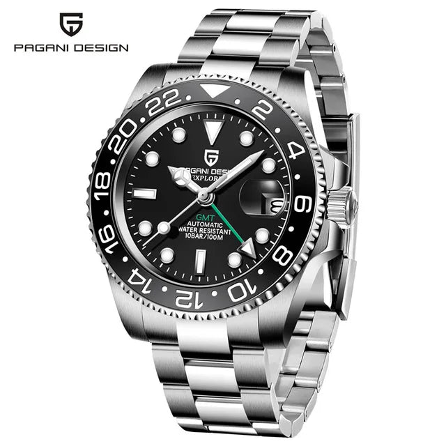 PAGAN DESIGN PD-1662 Luxury GMT Men Mechanical Wristwatch Sapphire Glass Stainless Steel 100M Waterproof Automatic Watches-EXPROTAS