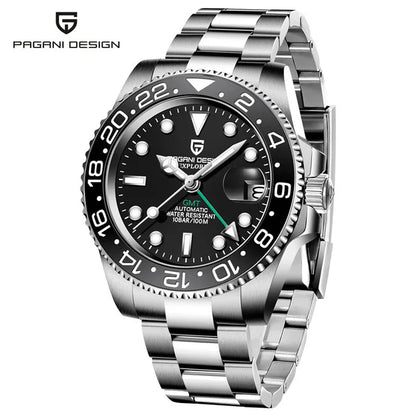 PAGAN DESIGN PD-1662 Luxury GMT Men Mechanical Wristwatch Sapphire Glass Stainless Steel 100M Waterproof Automatic Watches-EXPROTAS