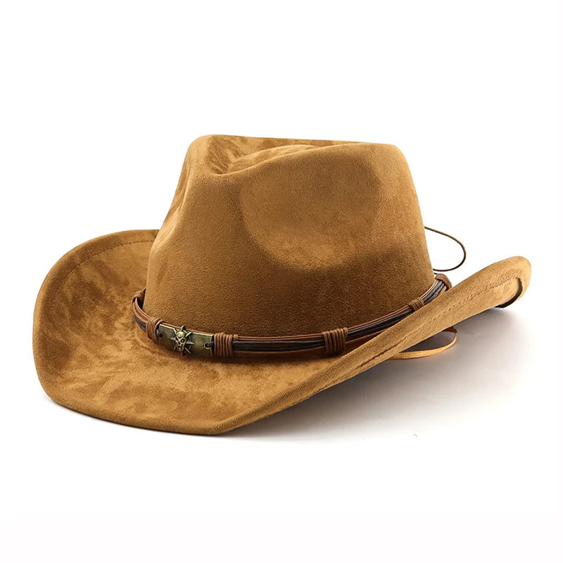 Western Cowboy Hat Vintage Suede Felt Brim Unisex Outdoor Travel Hats