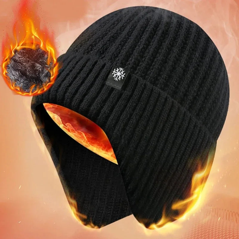 Ear Protection Winter Knitted Hat Men Plush Warm Beanie Cap Outdoor