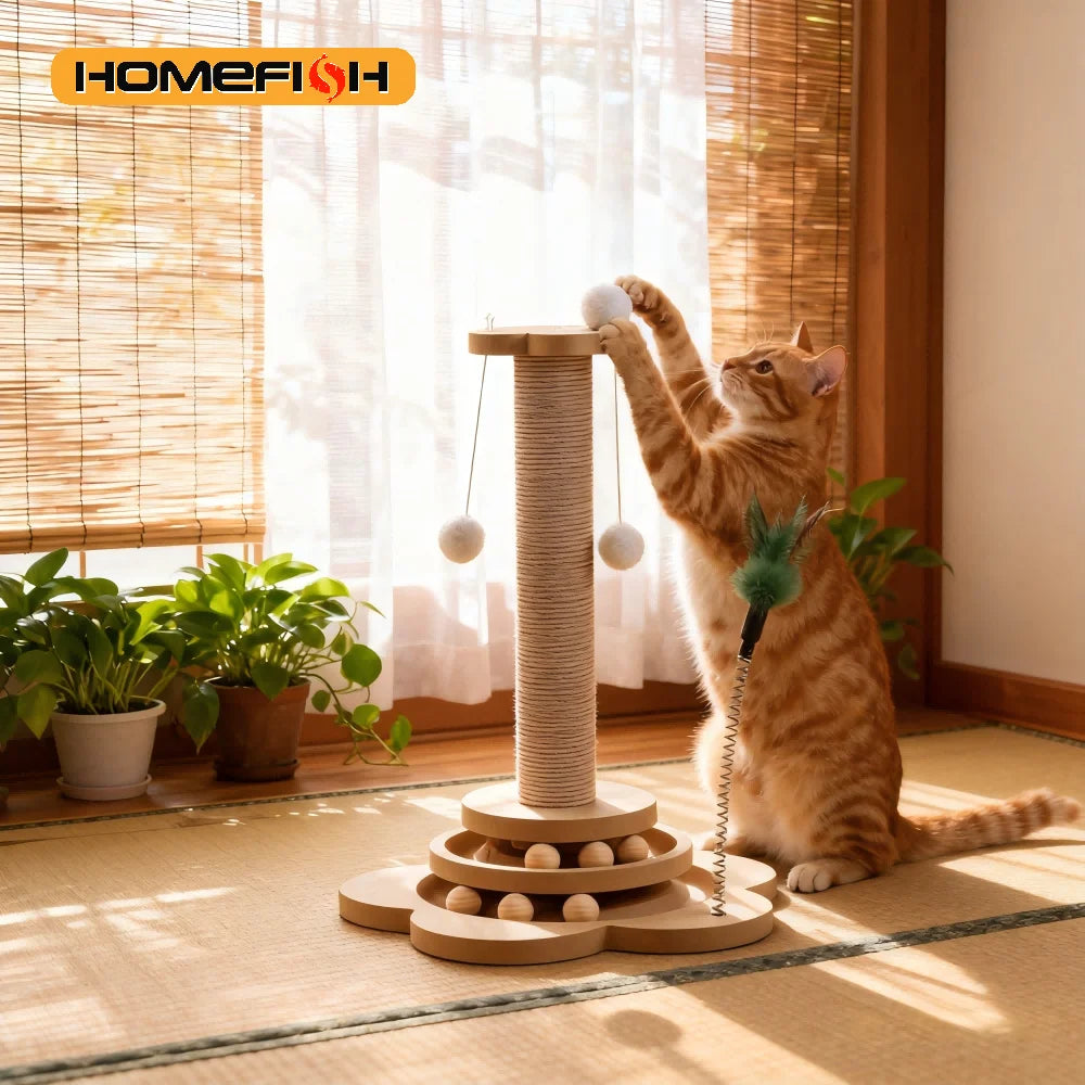 Pet Cat Toy Turntable Solid Wood Sisal Balls Funny Scratching Furniture