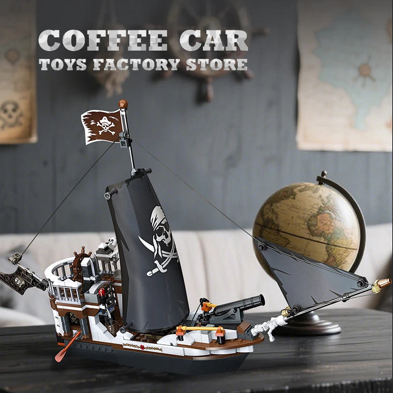 Black Pirate Ship Building Blocks MOC Sailboat 3D Boat Brick Model Toy Set
