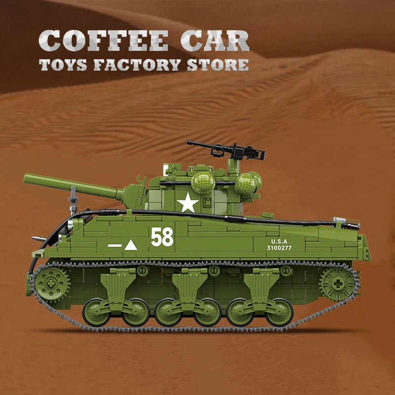 M4A3 Medium Tank Building Blocks T34/76 Armored Car WW2 Military Model Toy Gift