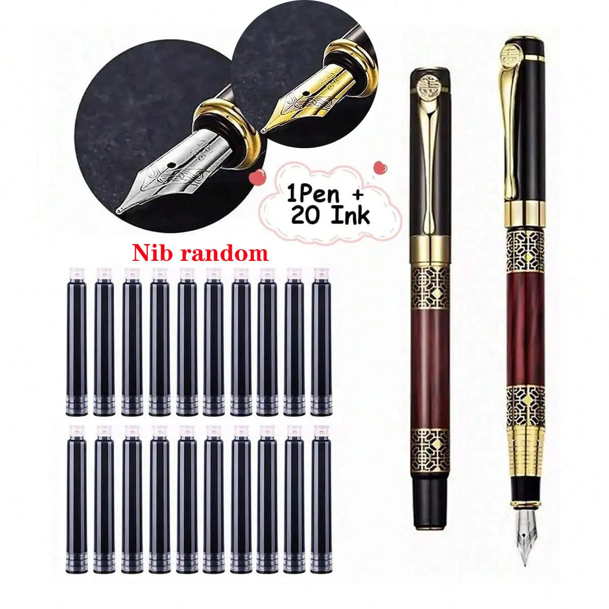 1-100Pcs Retro Metal Fountain Pen Replaceable Ink Elegant Writing Supplies