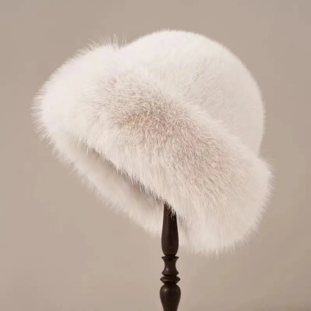 Fluffy Fur Bucket Hat Women Winter Warm Plush Fisherman Cap Thick