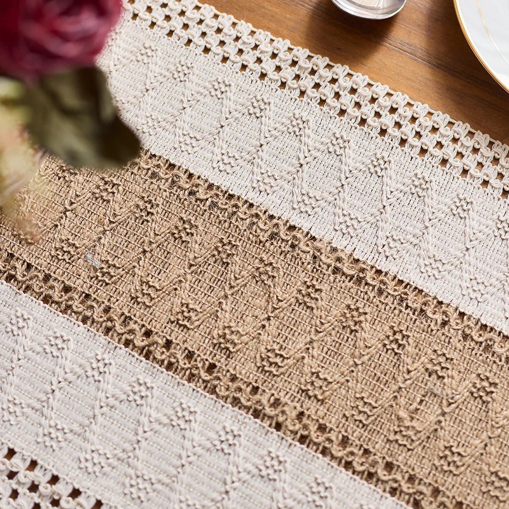 Boho Table Runner Macrame Cream Brown Tassels Farmhouse Home Decor