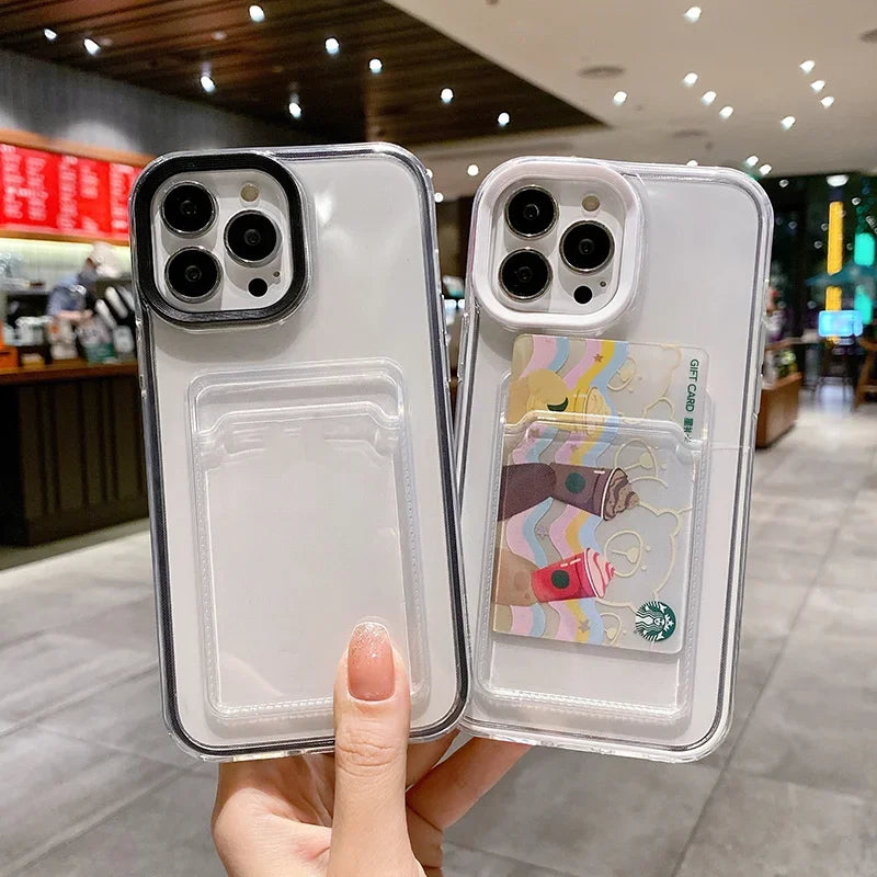 Transparent Card Holder Shockproof Soft Case for iPhone 12-16 Pro Max