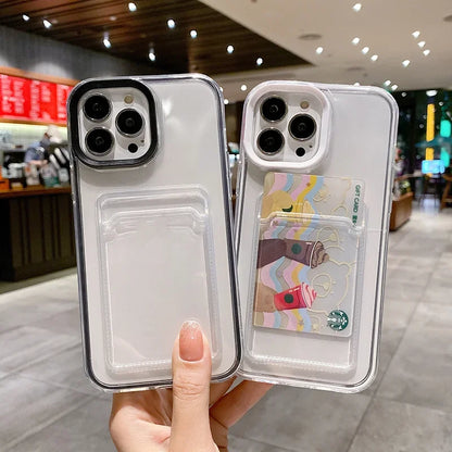 Transparent Card Holder Shockproof Soft Case for iPhone 12-16 Pro Max