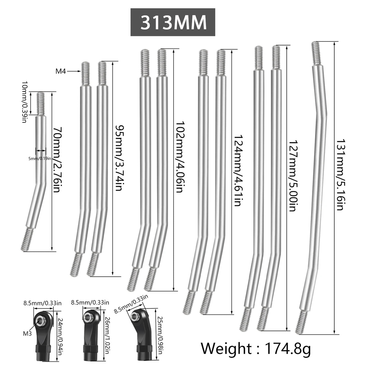1/10 RC Crawler Steering Linkage Rod 313mm Metal for SCX10 II 90046 Car