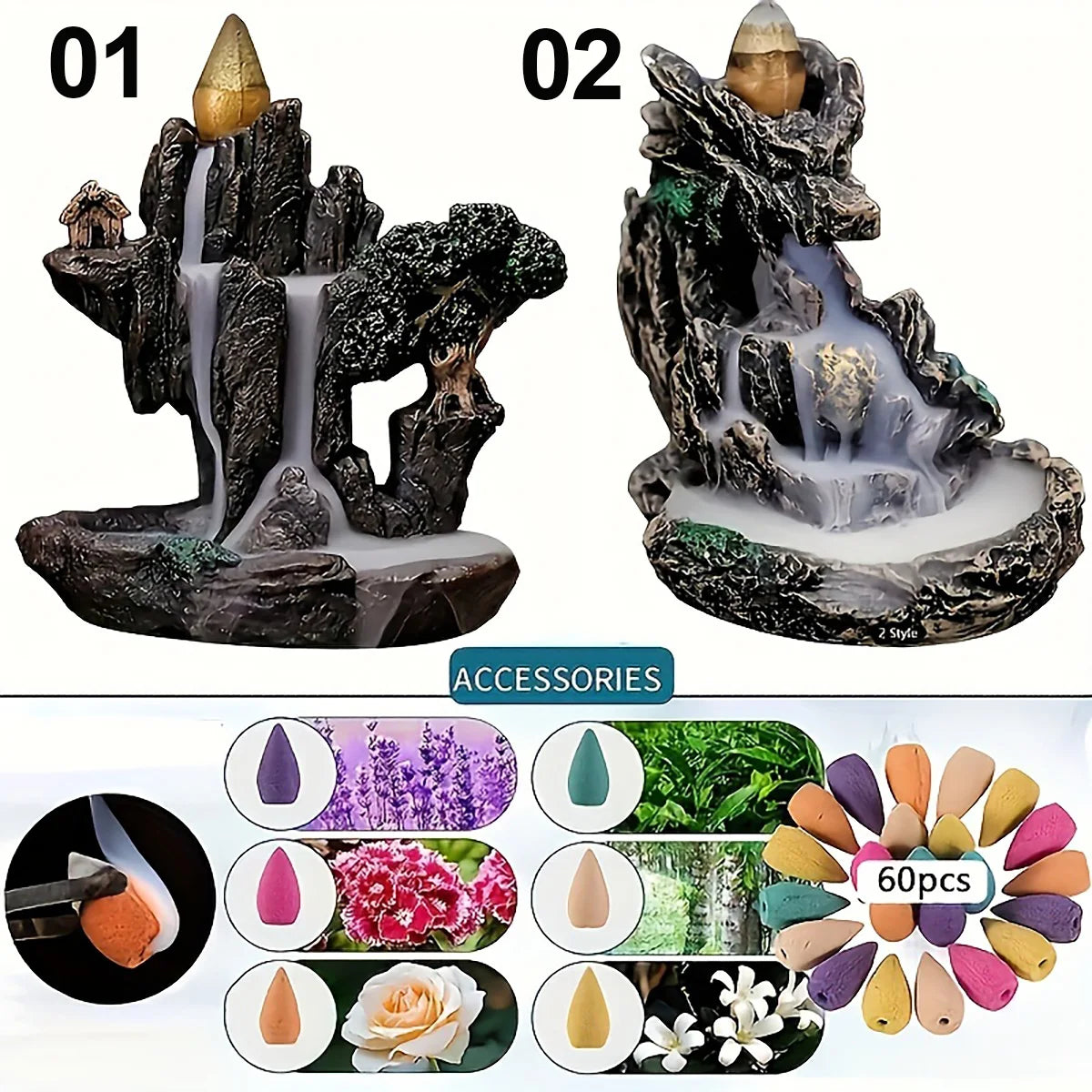 Backflow Incense Holder Waterfall Burner Ceramic Smoke Censer with 60 Cones