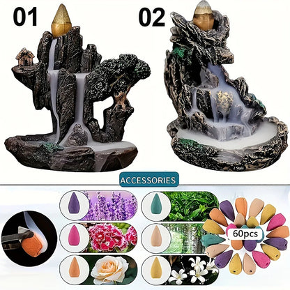 Backflow Incense Holder Waterfall Burner Ceramic Smoke Censer with 60 Cones