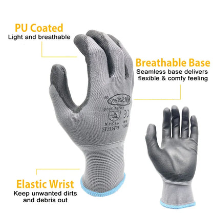 24 Pairs Work Gloves Safety Coated Grip Builders Gardening PU Black