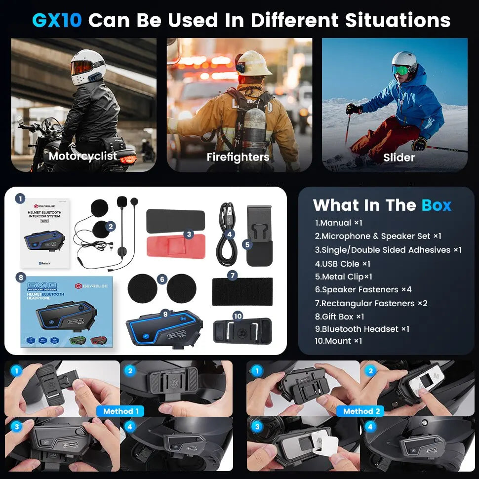 GEARELEC GX10 Motorcycle Intercom Helmet Bluetooth Headset 10 Riders 2km MOTO Communicator Interphone FM Music Sharing PK B4FM-X-EXPROTAS
