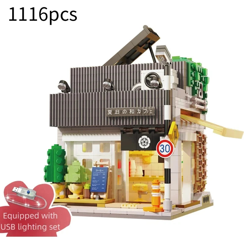 Cada LED City Japanese Street View Bricks Shop LED Japanese Steamed Bun House Architecture Building Blocks Summer Cafe Toys-EXPROTAS