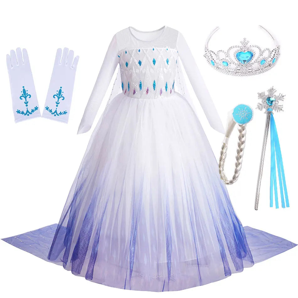 Disney Kids Frozen Birthday Party Princess Dress White Elsa Sequined Mesh Vestidos Halloween Cosplay Snow Queen Carnival Costume-EXPROTAS