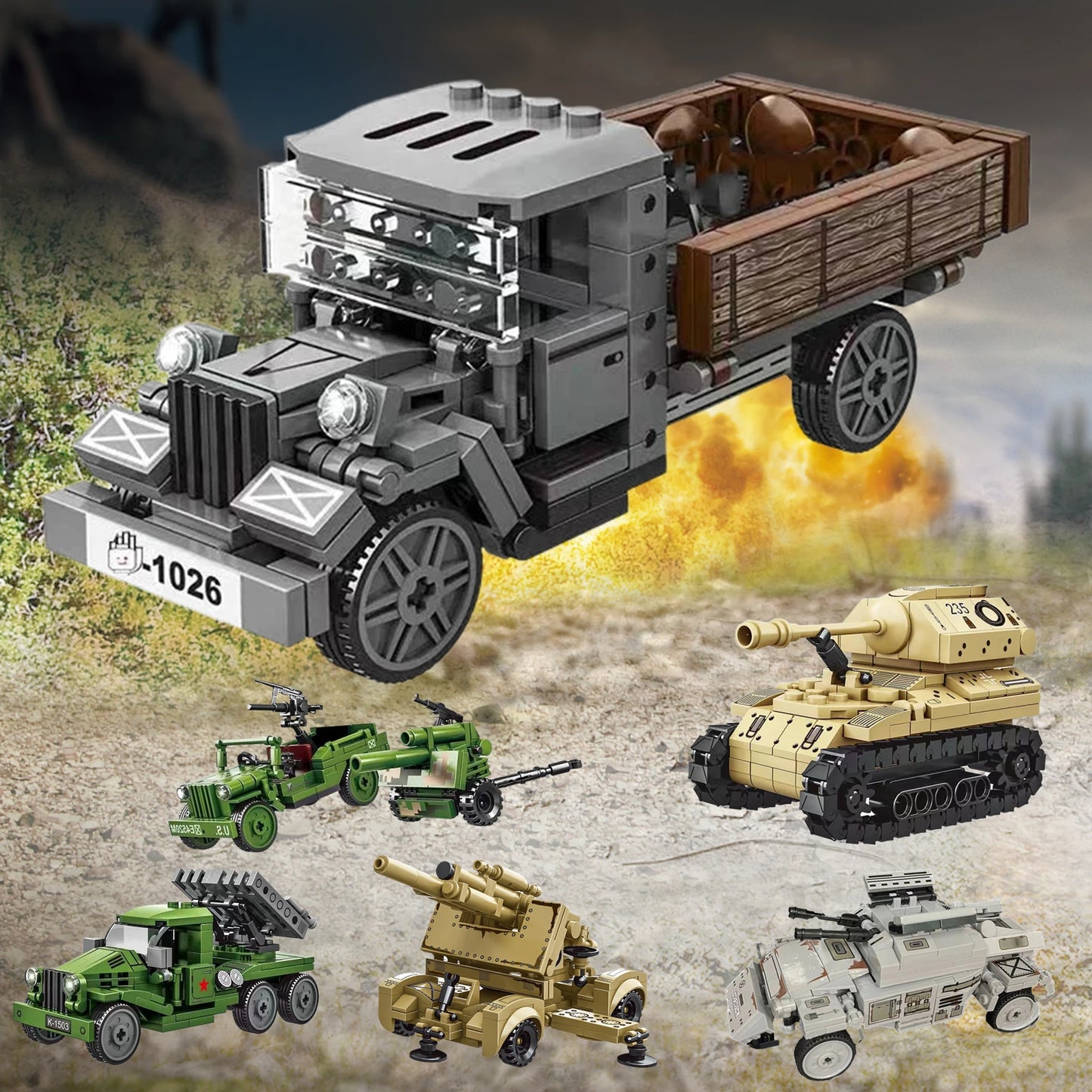 WW2 German Opel Truck with Anti-Aircraft Gun Building Blocks Military Soldiers Toy Gift