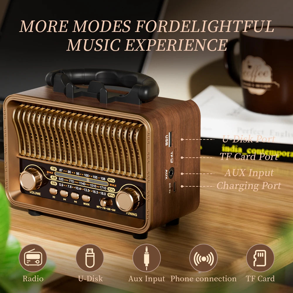 Rechargeable Battery Retro Portable Radio AM FM SW USB AUX for Home