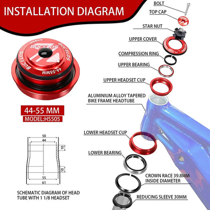 Bike Headset 1-1/8" Sealed Bearing 34/44/50.6/52/55/56mm MTB Fork