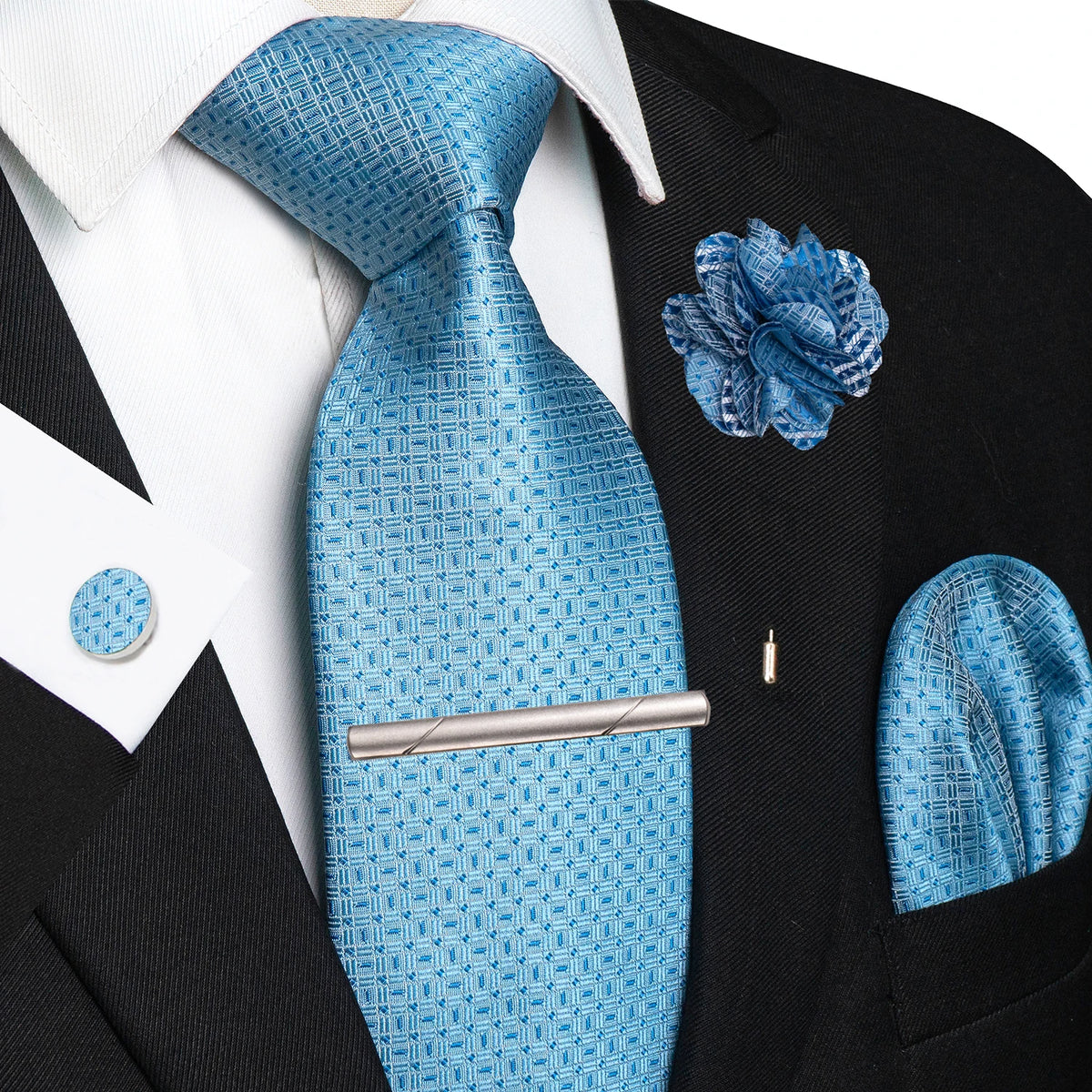 Men's Plaid Tie Clip Set with Pocket Square Cufflinks Wedding Accessories