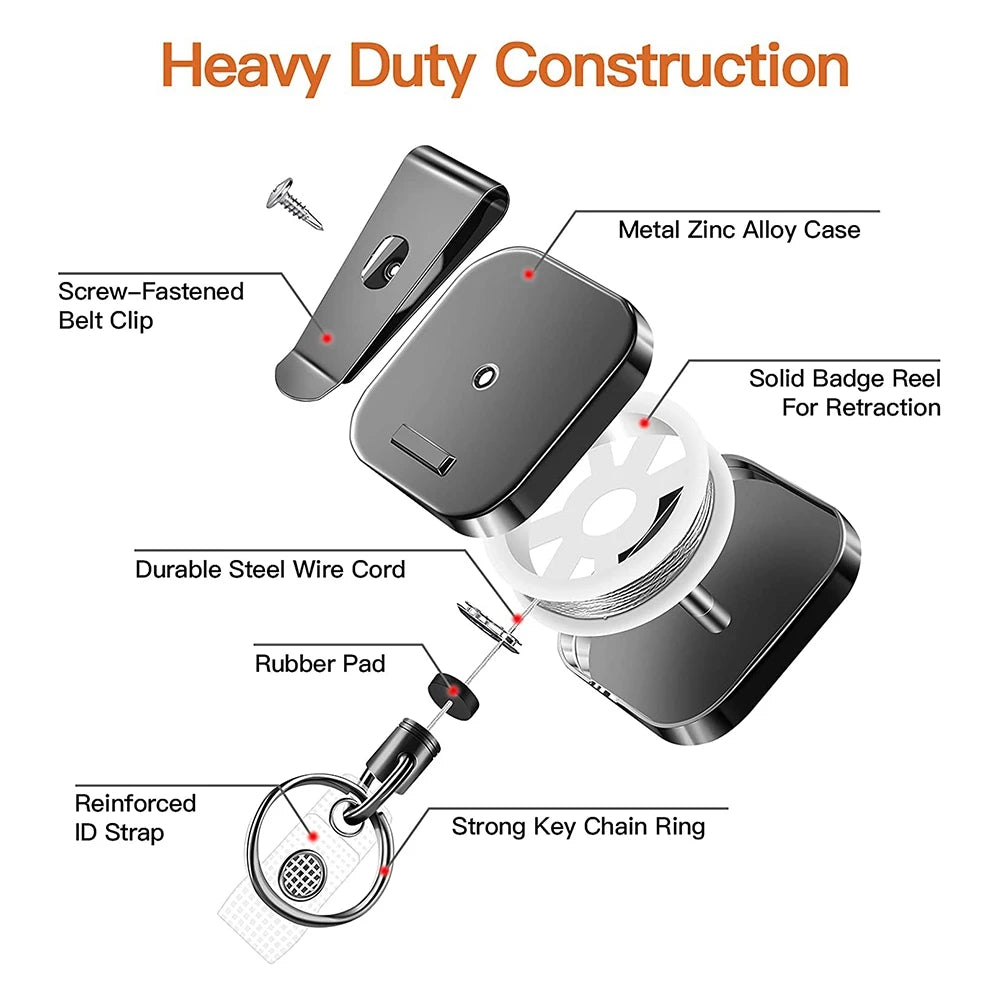Heavy Duty Retractable Keychain Carabiner Clip w/ 28" Steel Wire Cord