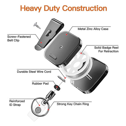 Heavy Duty Retractable Keychain Carabiner Clip w/ 28" Steel Wire Cord