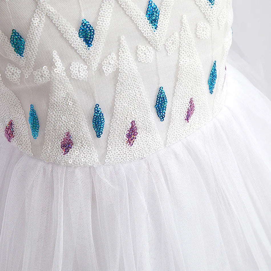 Disney Kids Frozen Birthday Party Princess Dress White Elsa Sequined Mesh Vestidos Halloween Cosplay Snow Queen Carnival Costume-EXPROTAS