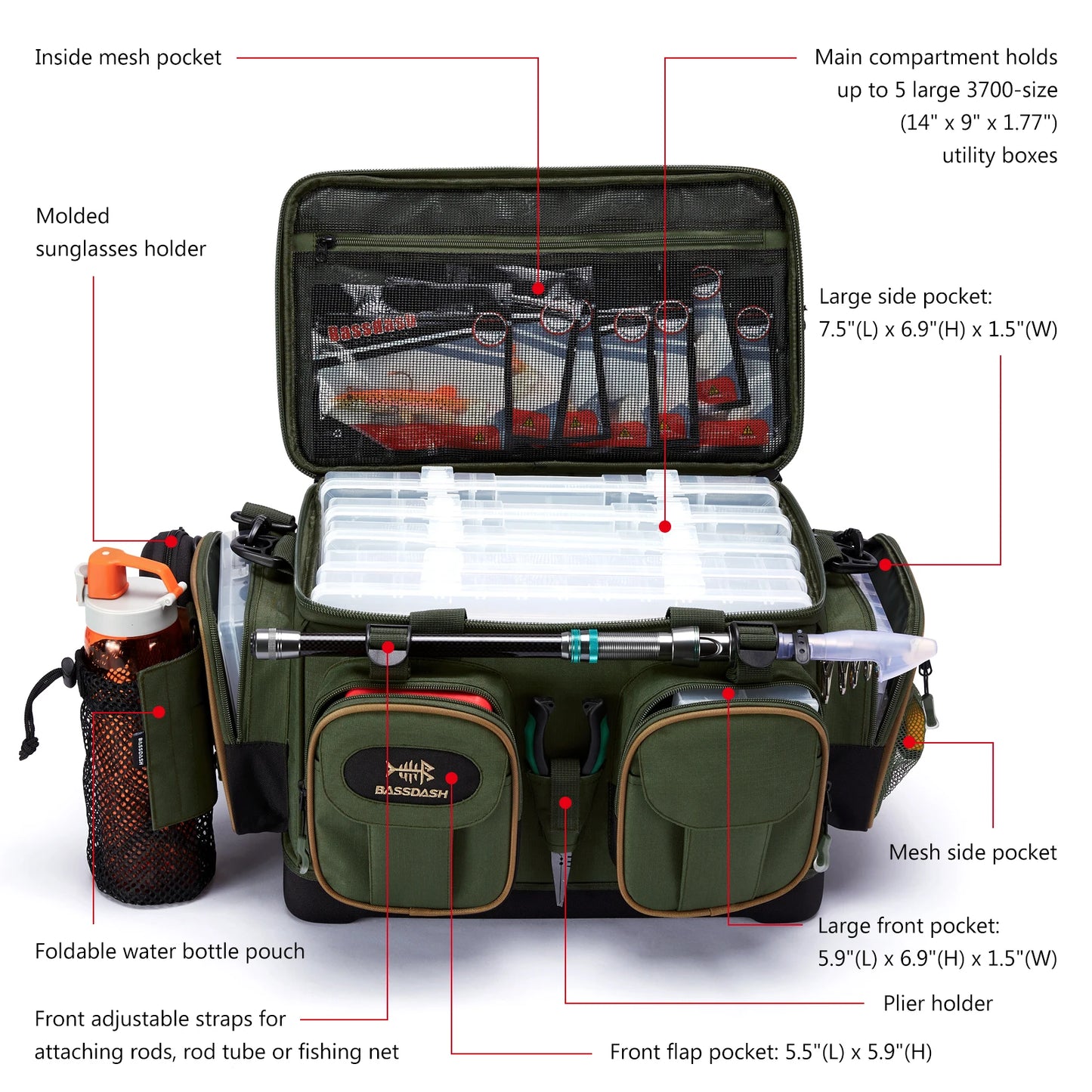 Fishing Shoulder Bag BASSDASH Water Resistant Tackle Pack with Rain Cover
