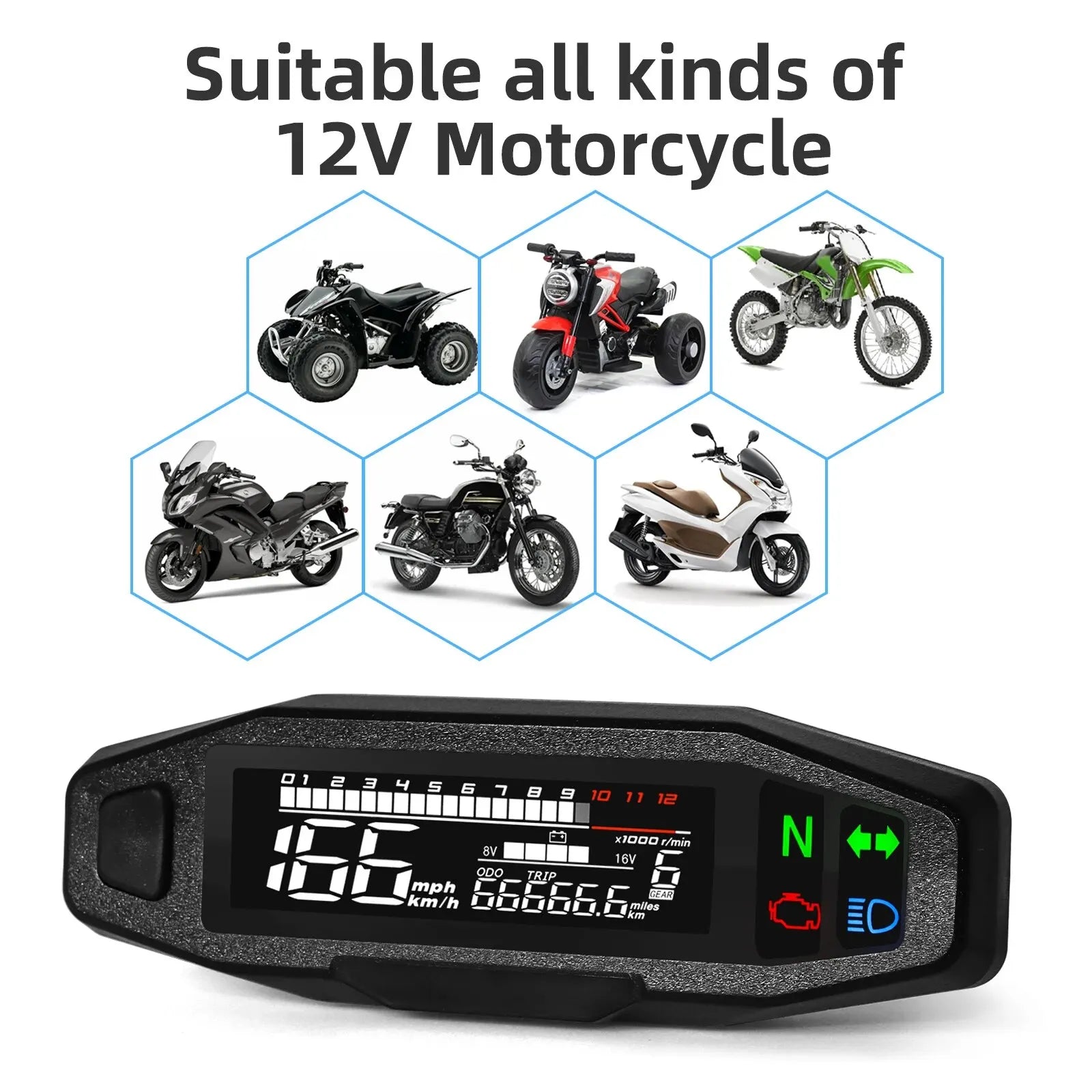 AD Universal Motorcycle Speedometer Digital Speed Meter LED Tachometer Dashboard Instrument Panel Meter LCD Display Y Bracket - EXPROTAS